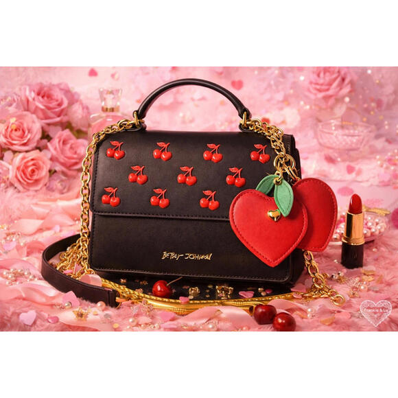 Betsey Johnson Cherry Crossbody Bag Black Red Heart Charm NWT - Picture 2 of 9